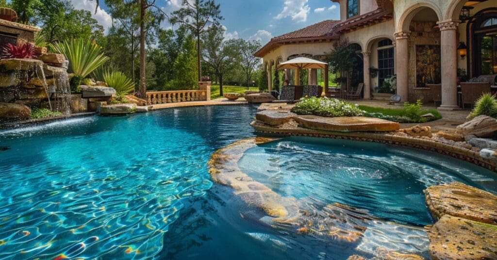 a swimming pool with a large stone waterfall and rock ledge spa