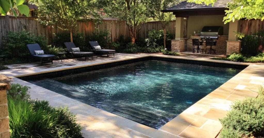 pool with lounge chairs on deck and grill under patio cover