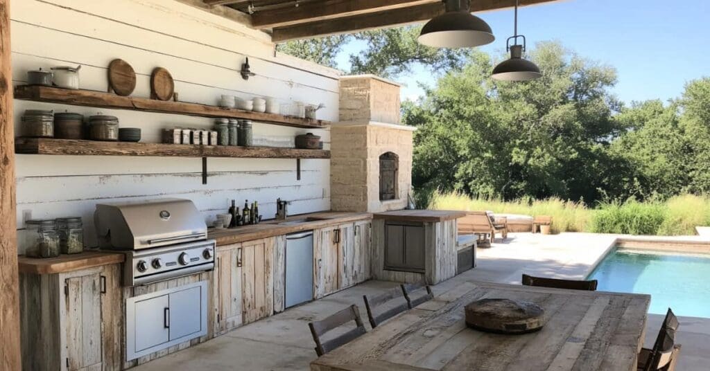 farmhouse style poolside outdoor kitchen white wash wood cabinets and dining table, open shelves with jars and pots and pans