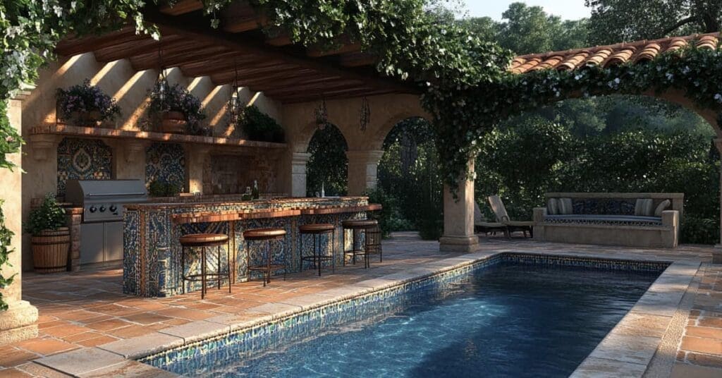 Mediterranean style poolside outdoor kitchen with mosaic tiles, grill and pergola with hanging vines