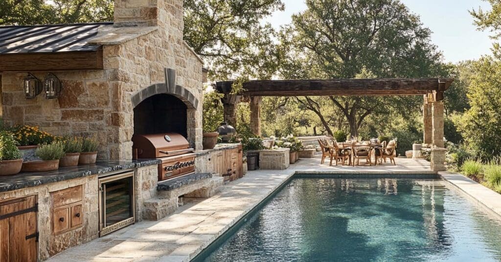 a rustic style poolside outdoor kitchen with stone wall pizza oven, pergola and seating