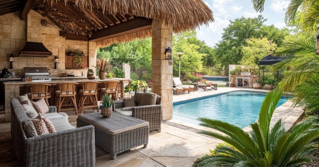 a tropical style poolside outdoor kitchen with thatched roofing, wicker chairs and lush greenery