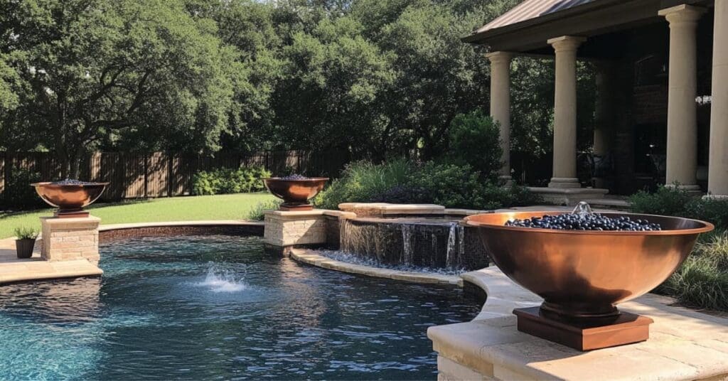 copper pool fire bowls on deck alongside pool and spa