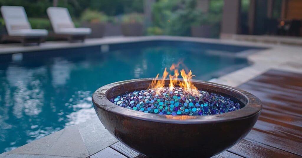 glass stones in fire bowl along side pool water