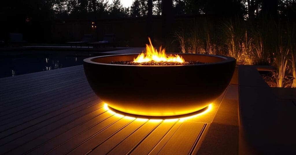 firebowl at night with lighting around it on the deck
