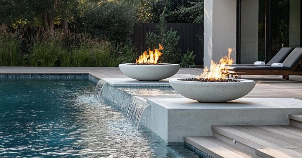2 concrete pool fire bowls on deck along side pool