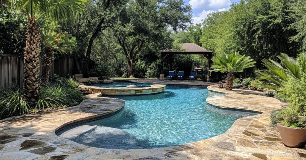 tropical style backyard with pool and spa, concept of 11 Custom Pool and Spa Ideas for Your Texas Backyard