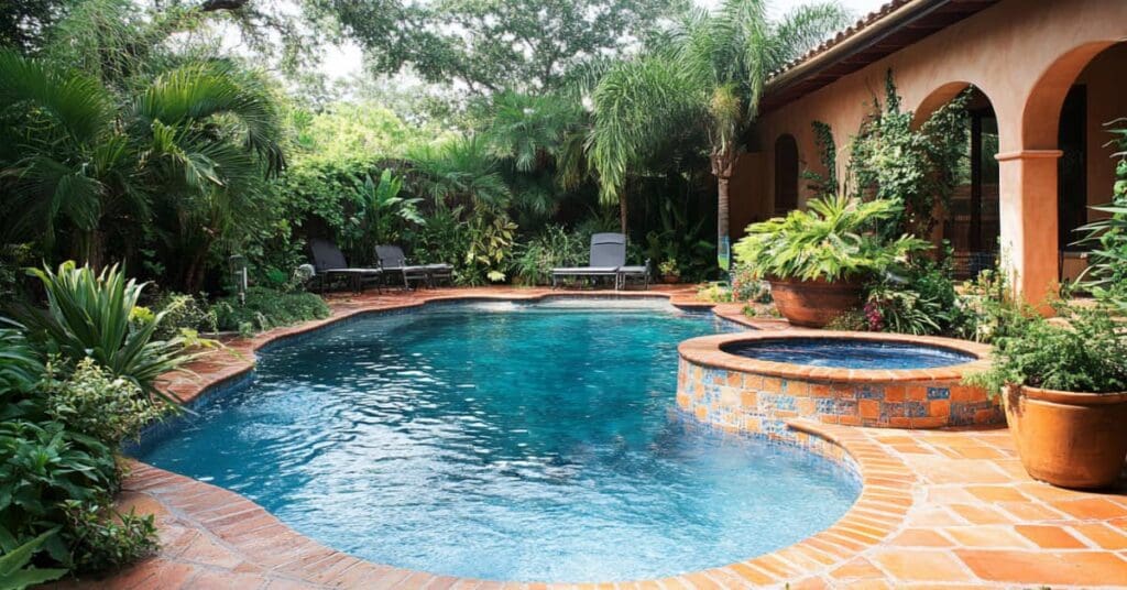 pool and spa with bright terracotta tiles and lush plants