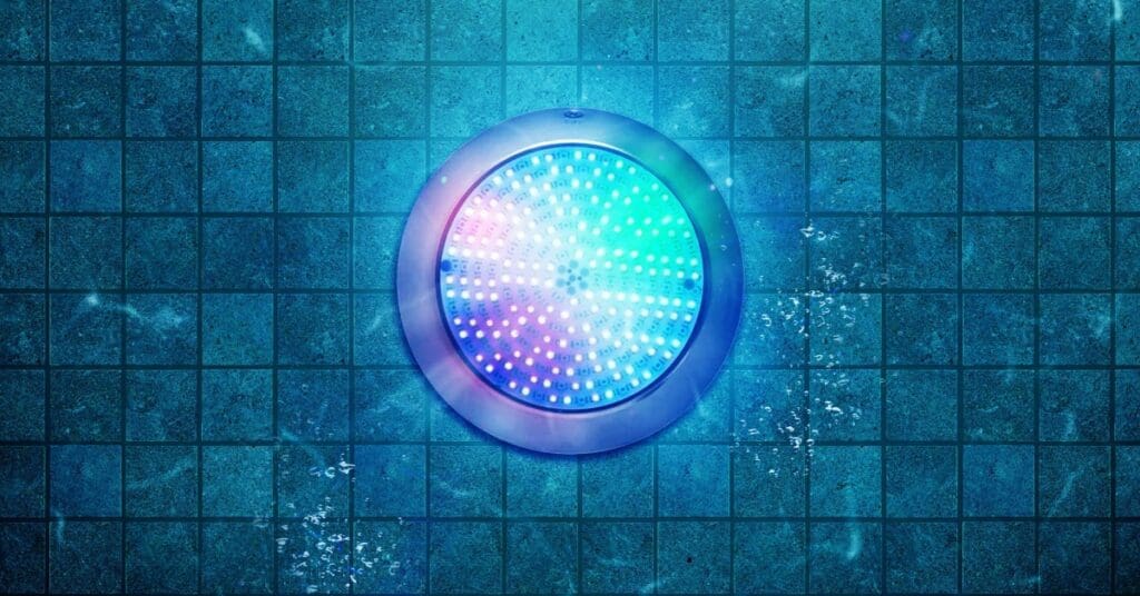 LED pool lighting lit up around pool tile