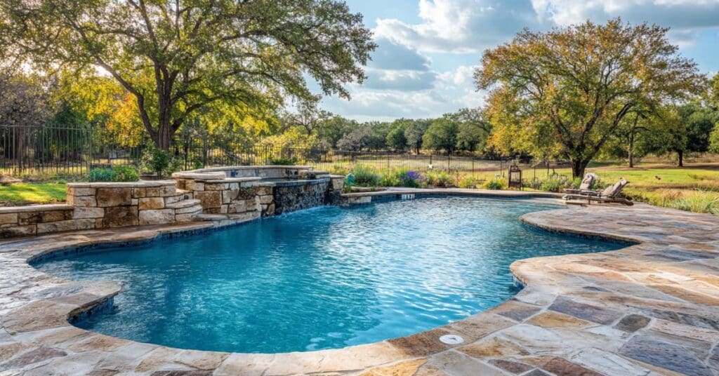 pool, stone deck, rock ledge, field, trees, concept of How Often Should I Clean My Pool in Houston’s Weather?