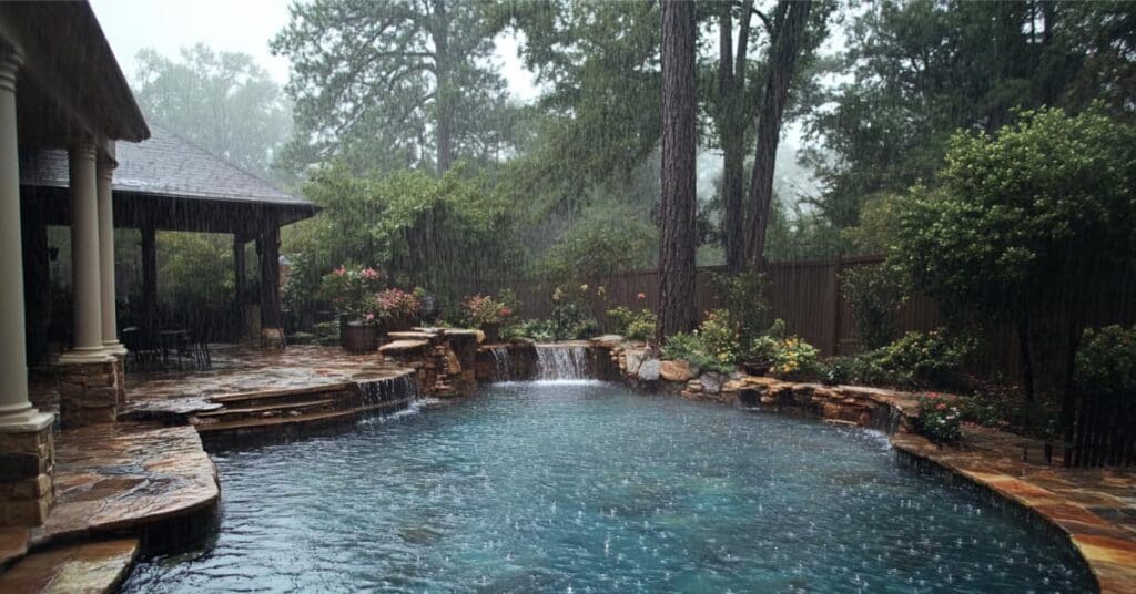 pool in backyard under rain, concept of how often should I clean my pool after rain
