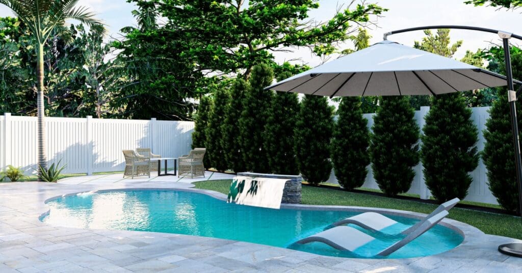 pool with deck, shrubs, and fence and a Lounge Chair Shelf