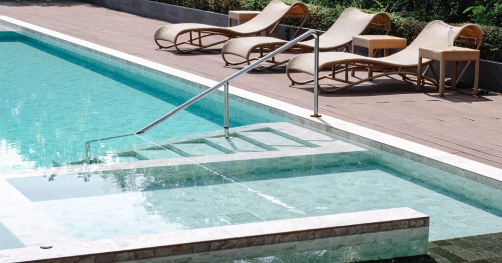 pool, lounge chairs, steps into pool and Lounge Chair Shelf