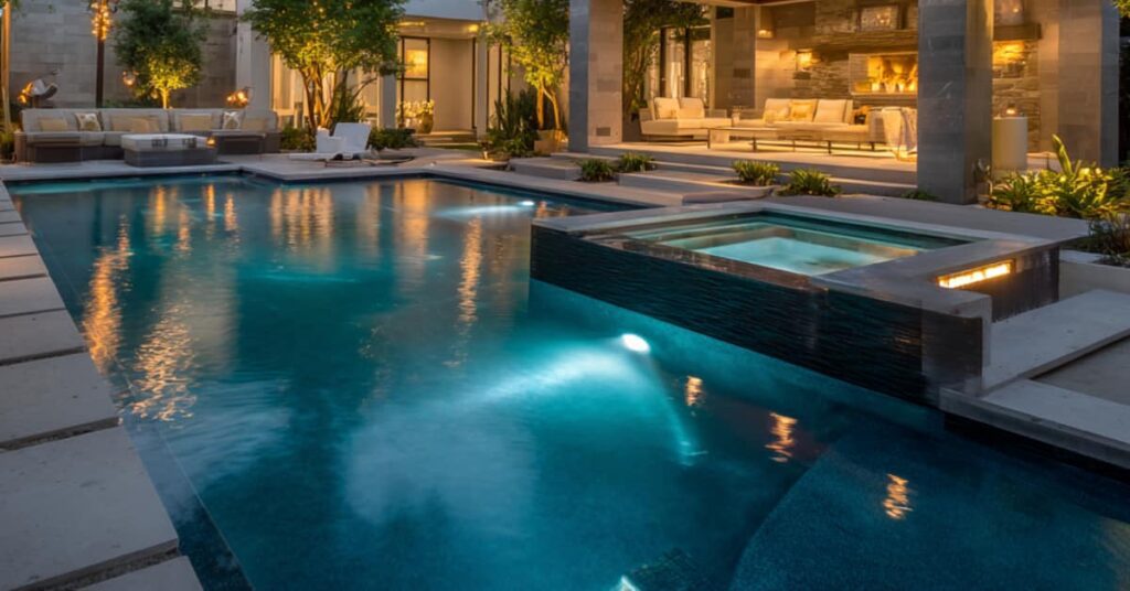 modern pool and spa combo, outdoor living environment with seating, lighting