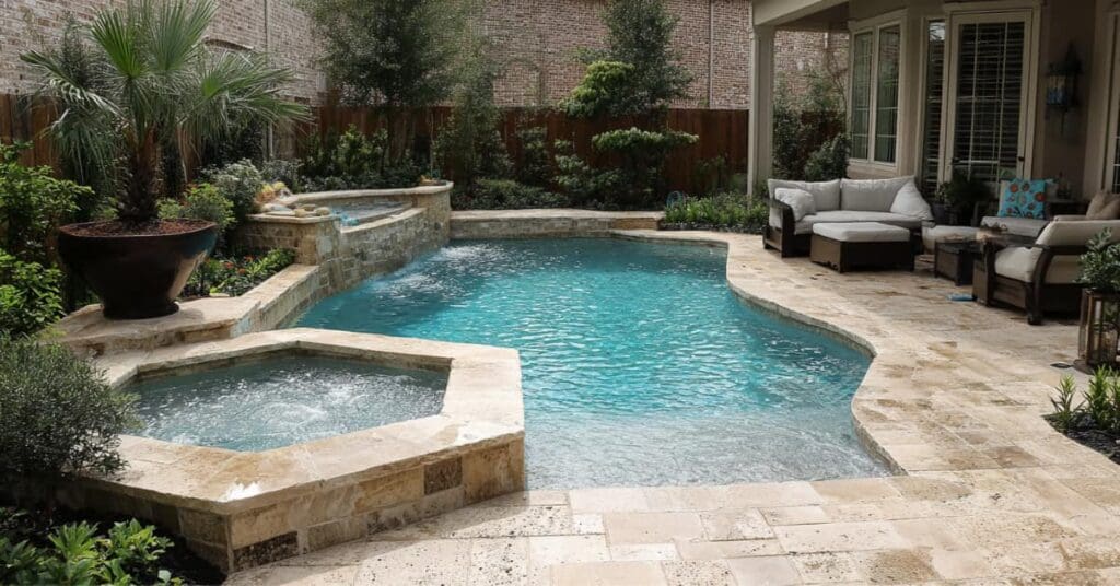 pool and spa combo, decking, fence, representing pool and spa combinations
