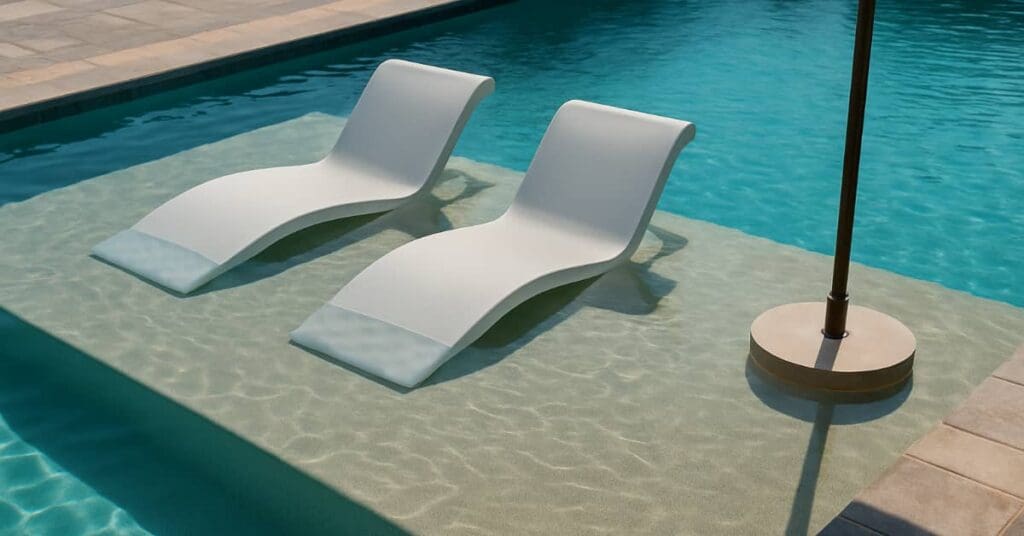 sun shelf in pool with ledge loungers and umbrella pole and stand