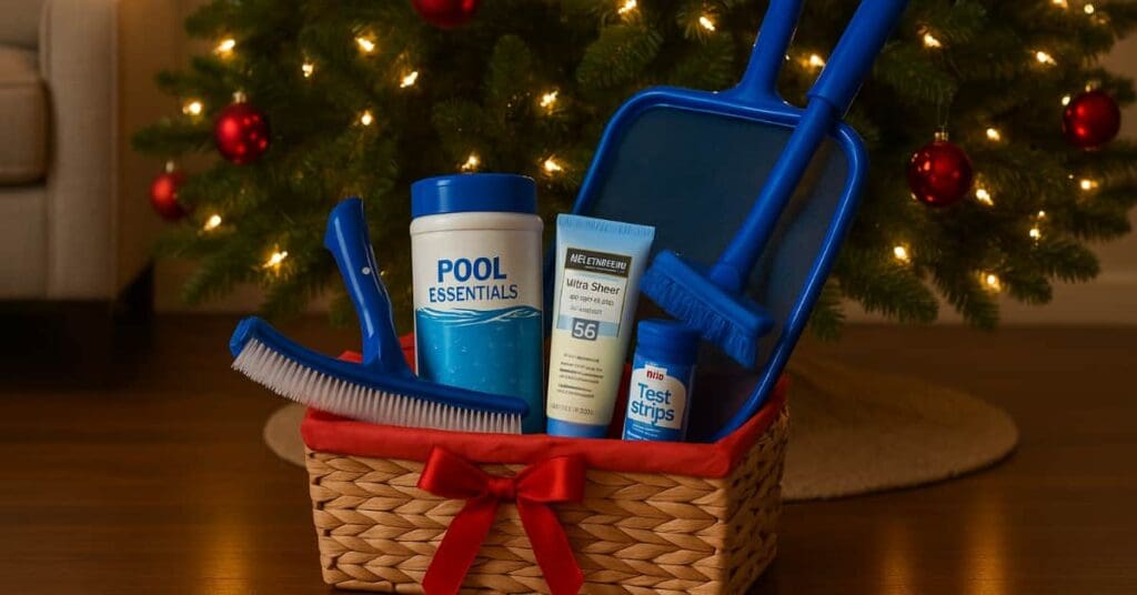 basket under Christmas tree with pool essentials, sunscreen, test trips, brush, representing pool owner gift ideas