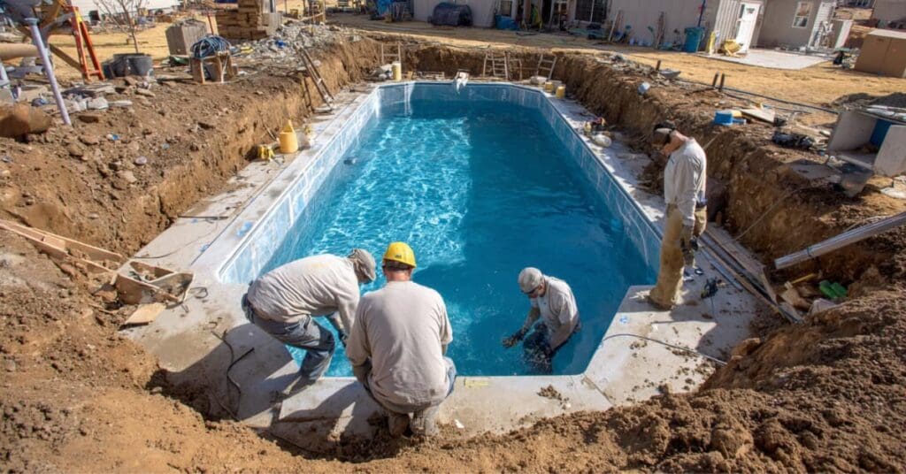 pool contractors building an inground pool, concept of plan your pool build in winter and swim by spring