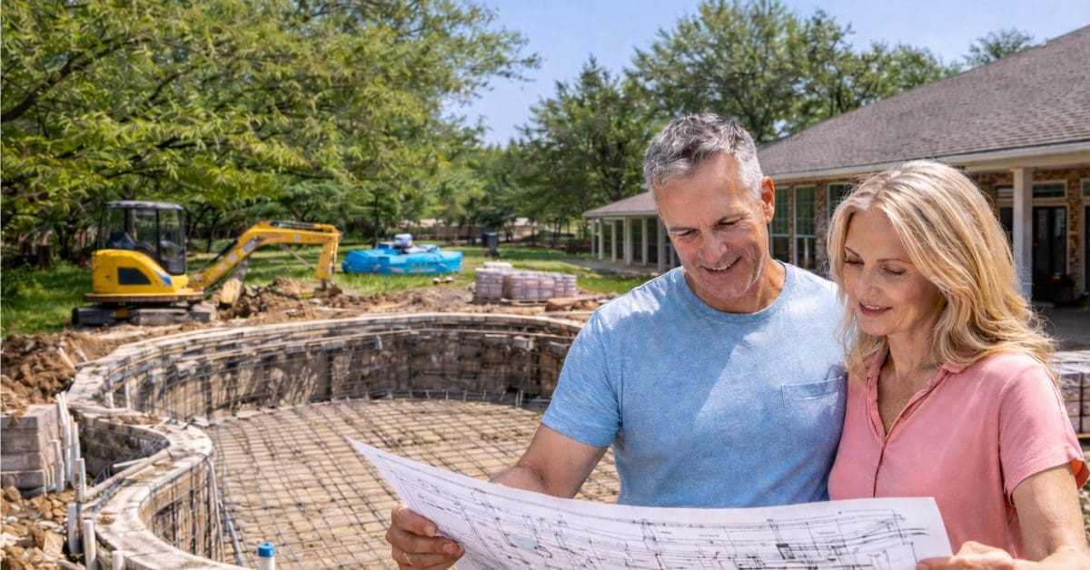 couple looking at architectural plans with pool construction behind, representing How to Choose the Right Contractor in Cypress TX, in the Backyard Pool Specialists Blog