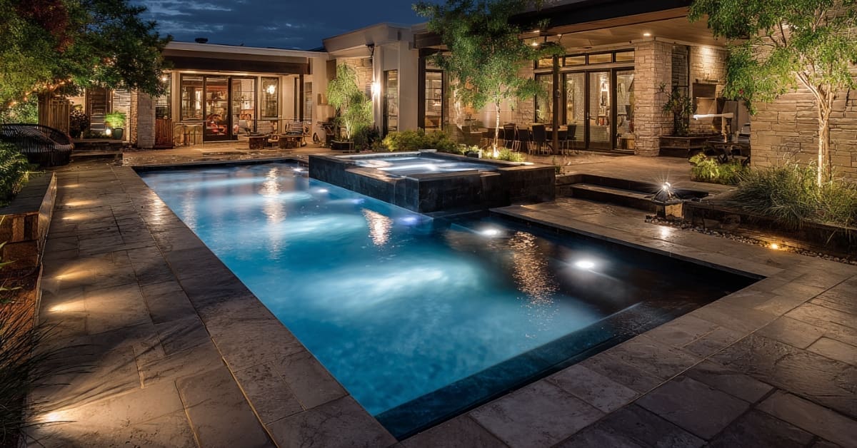 pool, spa, behind modern house, with landscape lighting, Houston pool builders