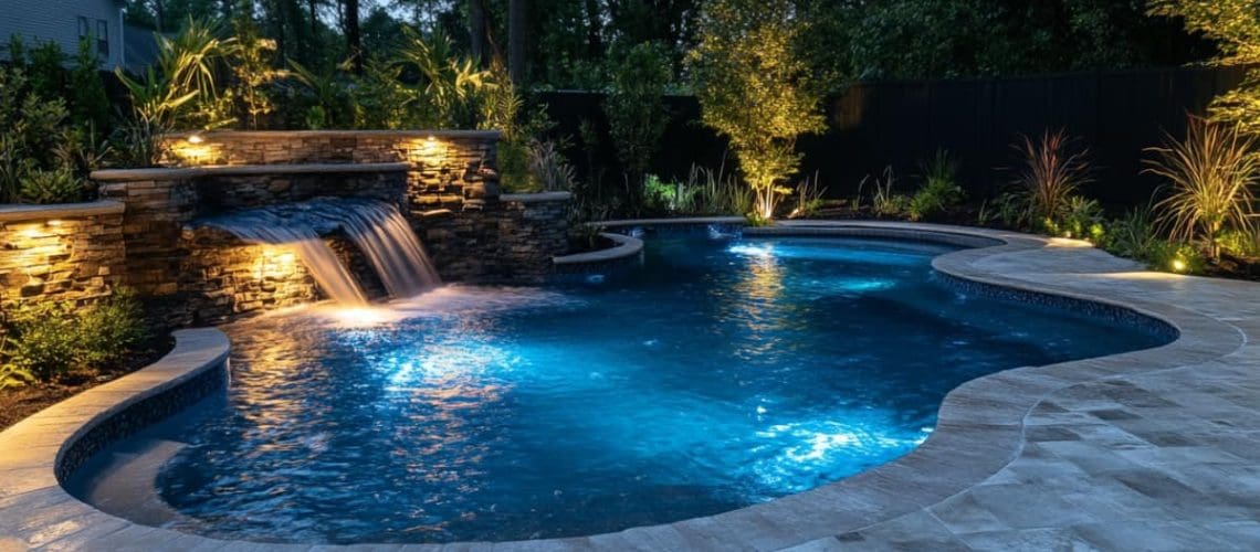 pool and rock waterful lit up at night with LED pool lighting