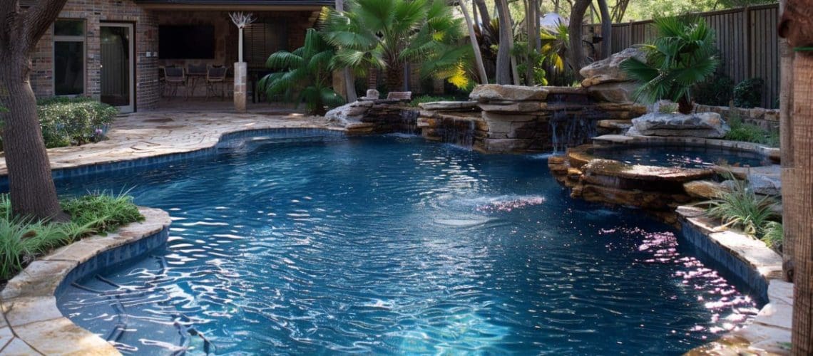tropical style backyard pool with rock waterfall and rock style spa