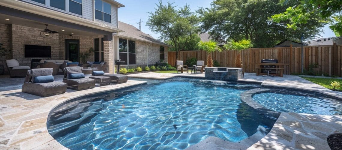 pool in backyard with spa and wicker lounge chairs