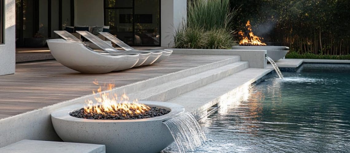 pool with Pool Fire Bowls and water spilling into the pool