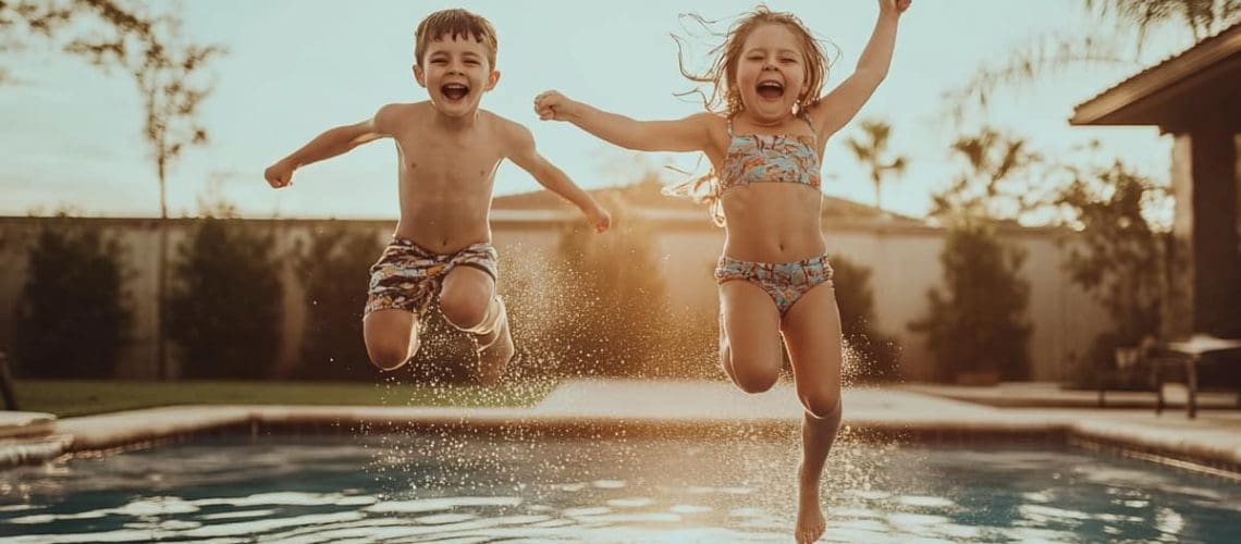 little girl and boy jumping in pool, concept of Affordable Cypress TX Inground Pool Package Specials