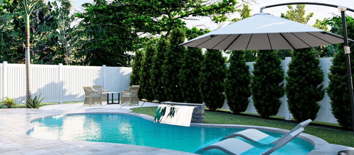 pool with deck, shrubs, and fence and a Lounge Chair Shelf